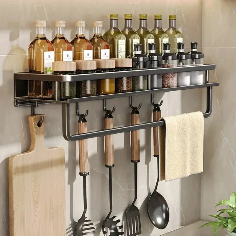 Black Aluminum Kitchen Wall Shelf with Hooks Modern Space-Saving Organizer