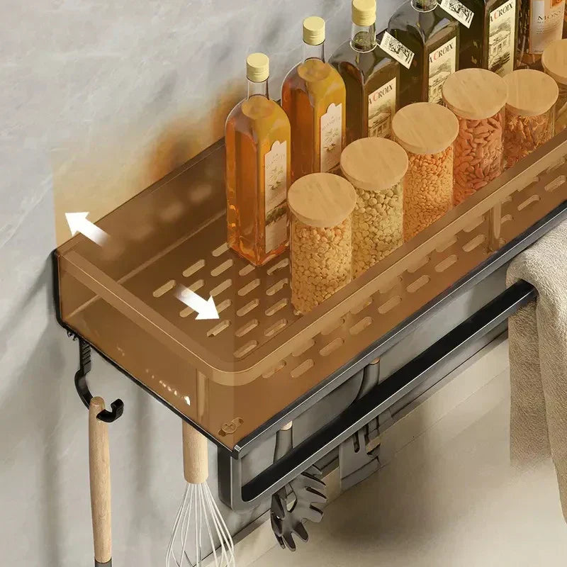 Black Aluminum Kitchen Wall Shelf with Hooks Modern Space-Saving Organizer