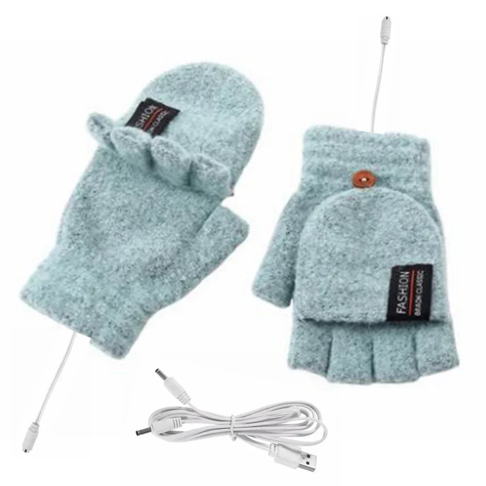 USB Rechargeable Heated Gloves Knitted Fabric One Size Fits Most Adjustable Heat Levels