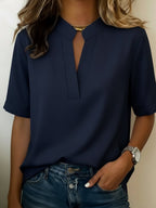 Harbor Serena women's V-neck casual blouse with short sleeves, perfect for summer, lightweight and comfortable for warm weather.