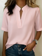 Harbor Serena women's V-neck casual summer blouse, short sleeves, lightweight fabric, in a relaxed fit with soft pastel color.