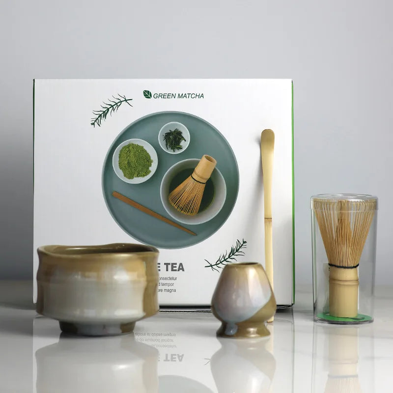 Ceramic Matcha Tea Set with Bamboo Whisk 4-Piece Traditional Japanese Tea Ceremony Kit Green