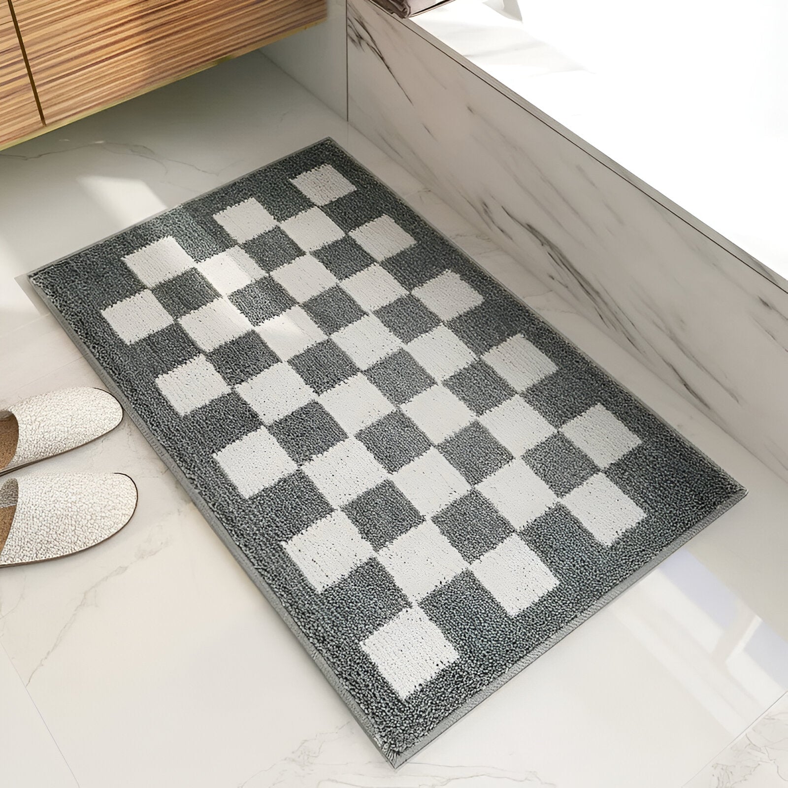 Harrow Plush Microfiber Checkered Bath Mat Black and White Machine Washable Eco-Friendly