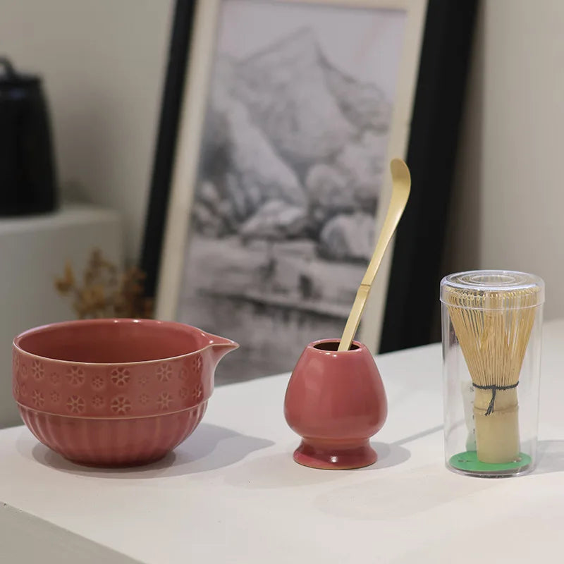 Matcha Tea Set Ceramic 4-Piece Hand-Painted Green Glaze Bowls with Bamboo Whisk and Scoop
