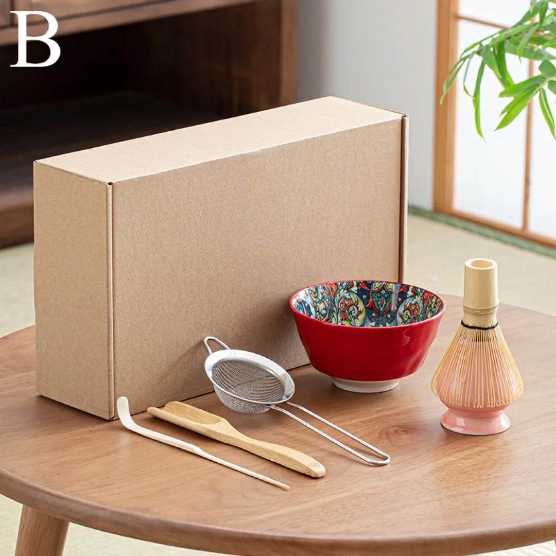 Matcha Tea Set 6-Piece Ceramic and Bamboo Traditional Japanese Green Bowl and Whisk