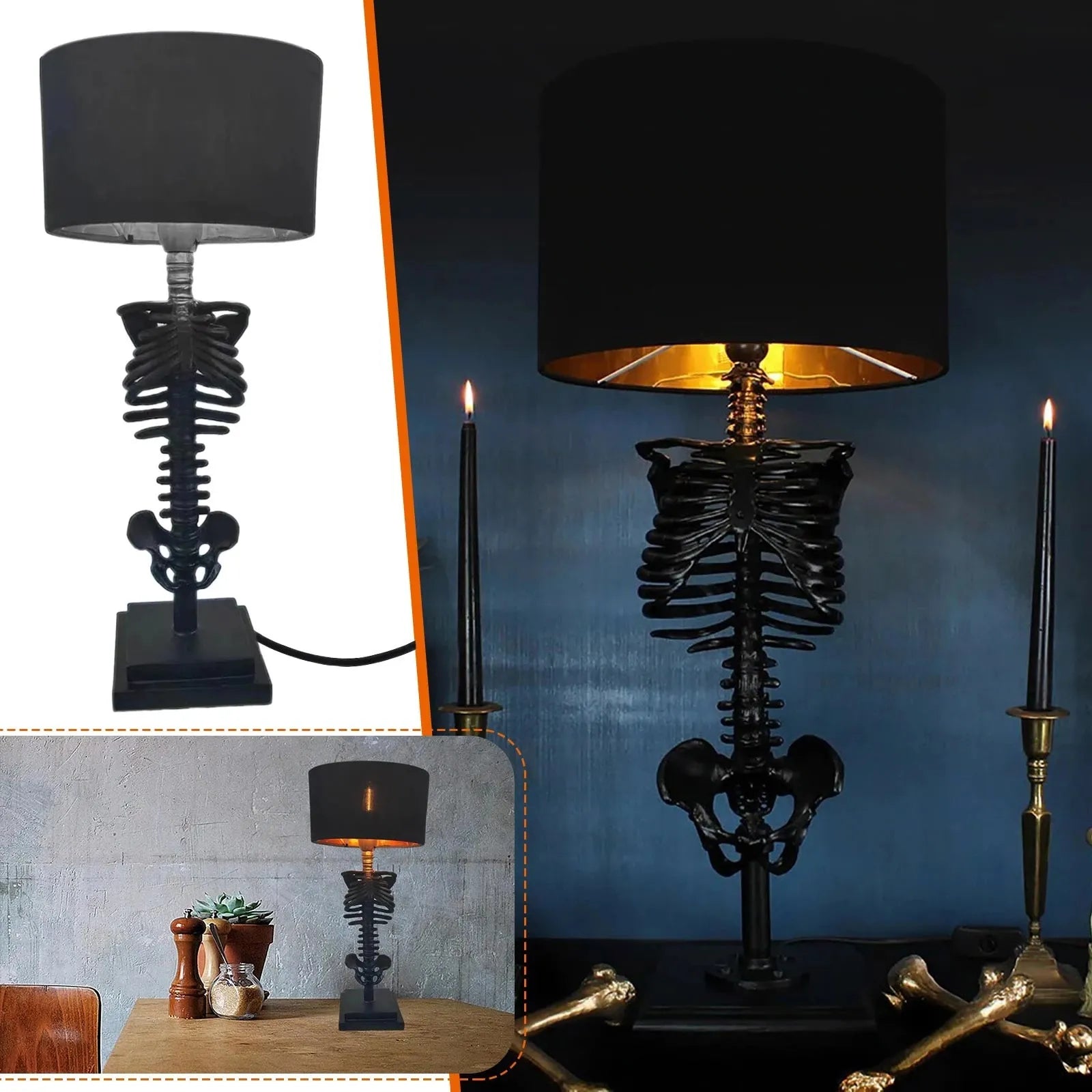 Gothic Skeleton Table Lamp USB Powered Resin and Textile Indoor Light 35cm Height