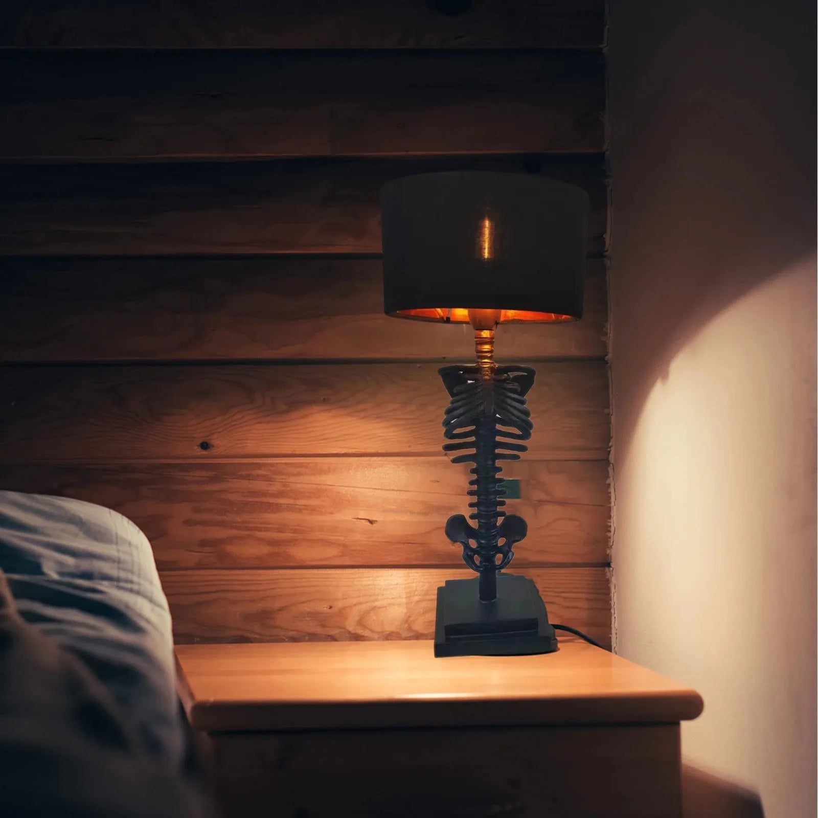Gothic Skeleton Table Lamp USB Powered Resin and Textile Indoor Light 35cm Height