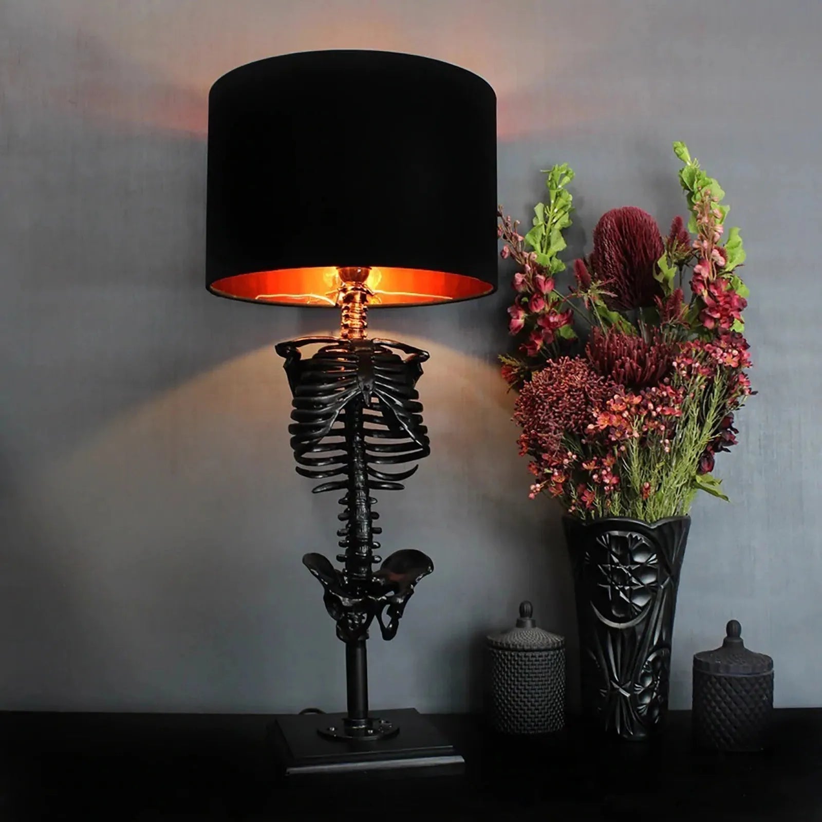 Gothic Skeleton Table Lamp USB Powered Resin and Textile Indoor Light 35cm Height