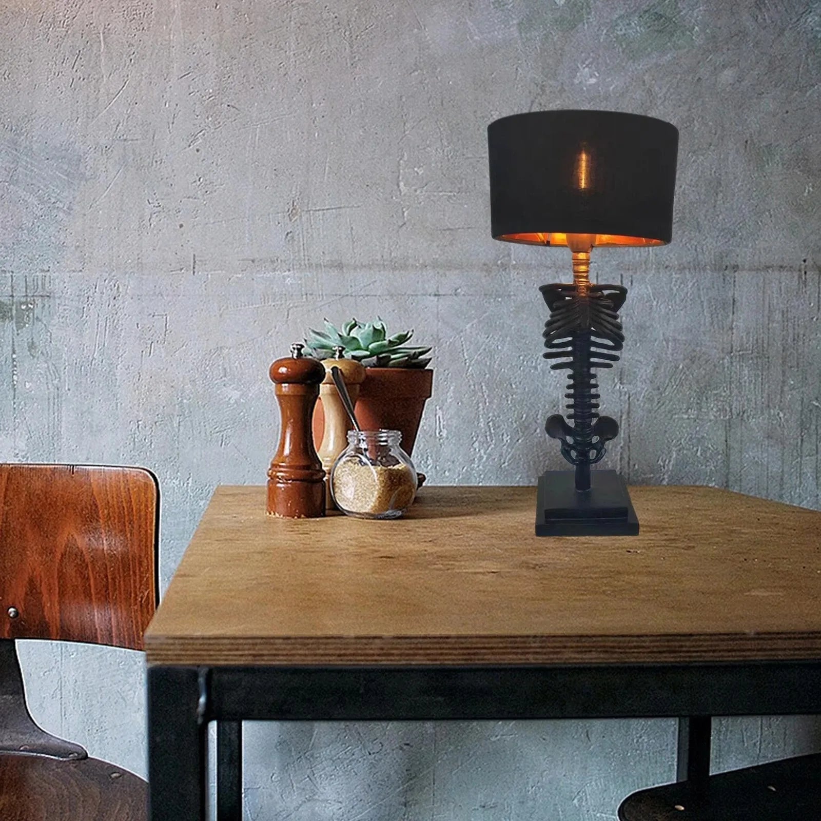 Gothic Skeleton Table Lamp USB Powered Resin and Textile Indoor Light 35cm Height
