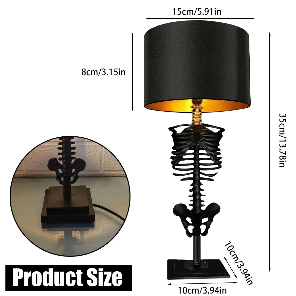 Gothic Skeleton Table Lamp USB Powered Resin and Textile Indoor Light 35cm Height