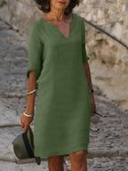 Elegant Skylar V-neck dress for women in summer, featuring lightweight fabric and a flowy silhouette by Harrow.