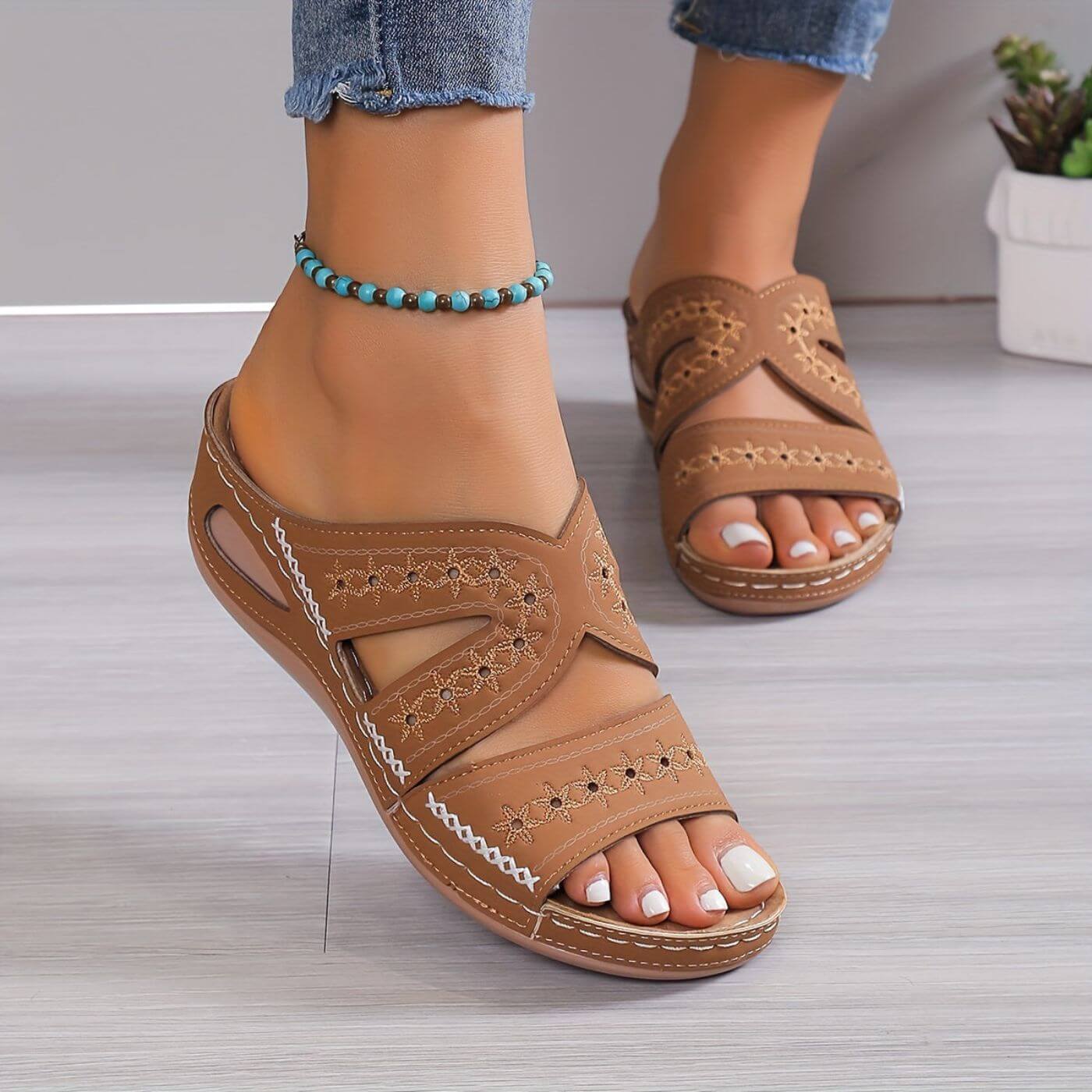Harrow Soleva slip-on orthopedic sandals for women with slip-resistant soles and supportive design, shown in a neutral color.
