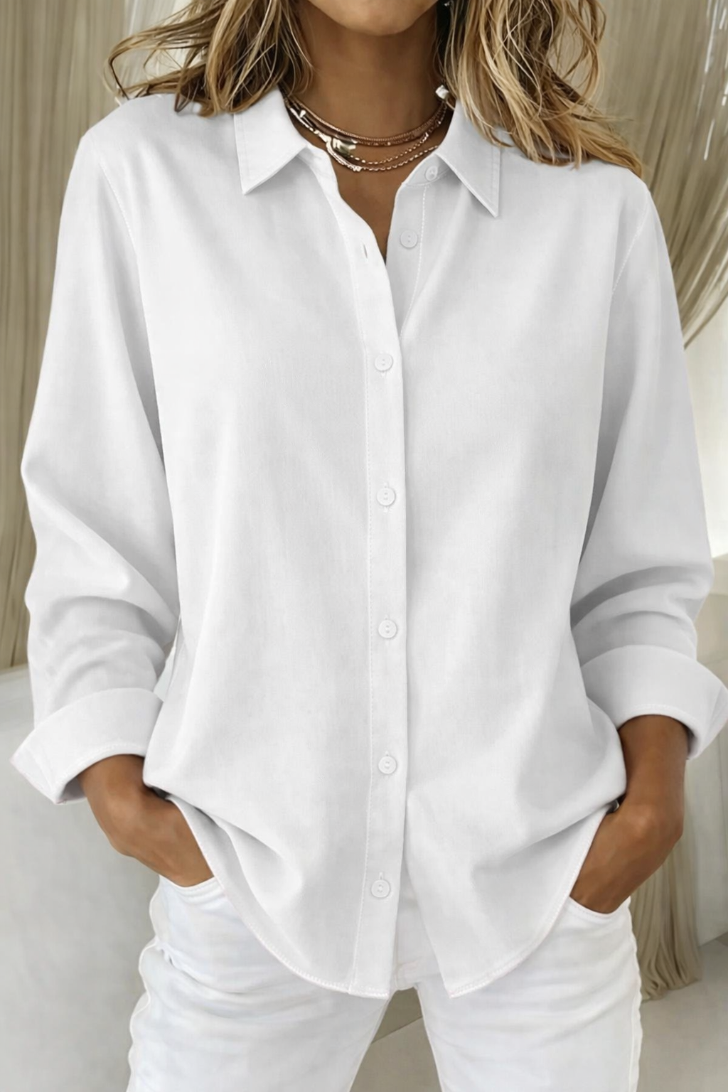Harrow Sophie women's linen button-down blouse in light, breathable fabric, perfect for summer casual wear.