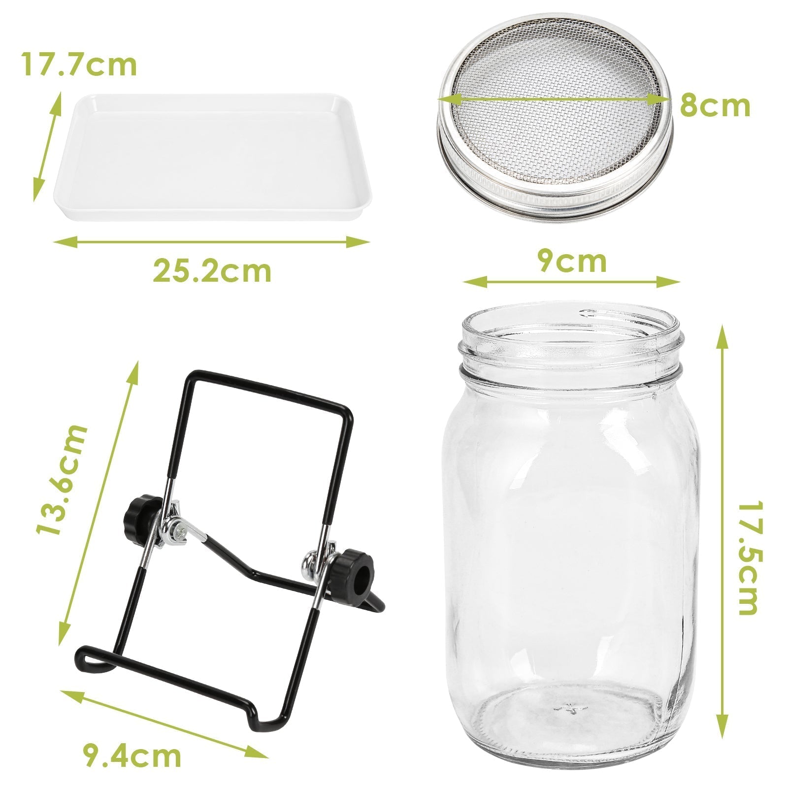 Sprouting Glass Jar Set 2pcs 950ml with Stainless Steel Lid, Mesh Sieve, and Holder for Seed Germination