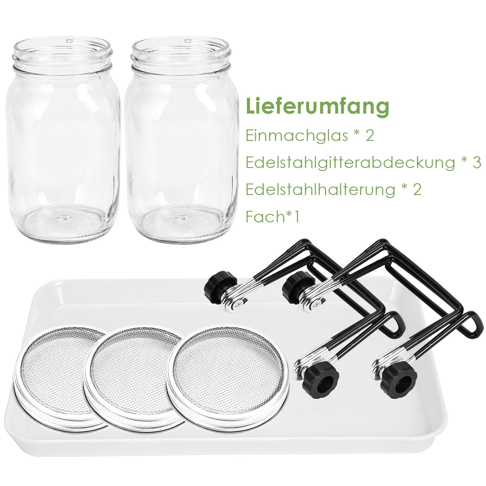 Sprouting Glass Jar Set 2pcs 950ml with Stainless Steel Lid, Mesh Sieve, and Holder for Seed Germination