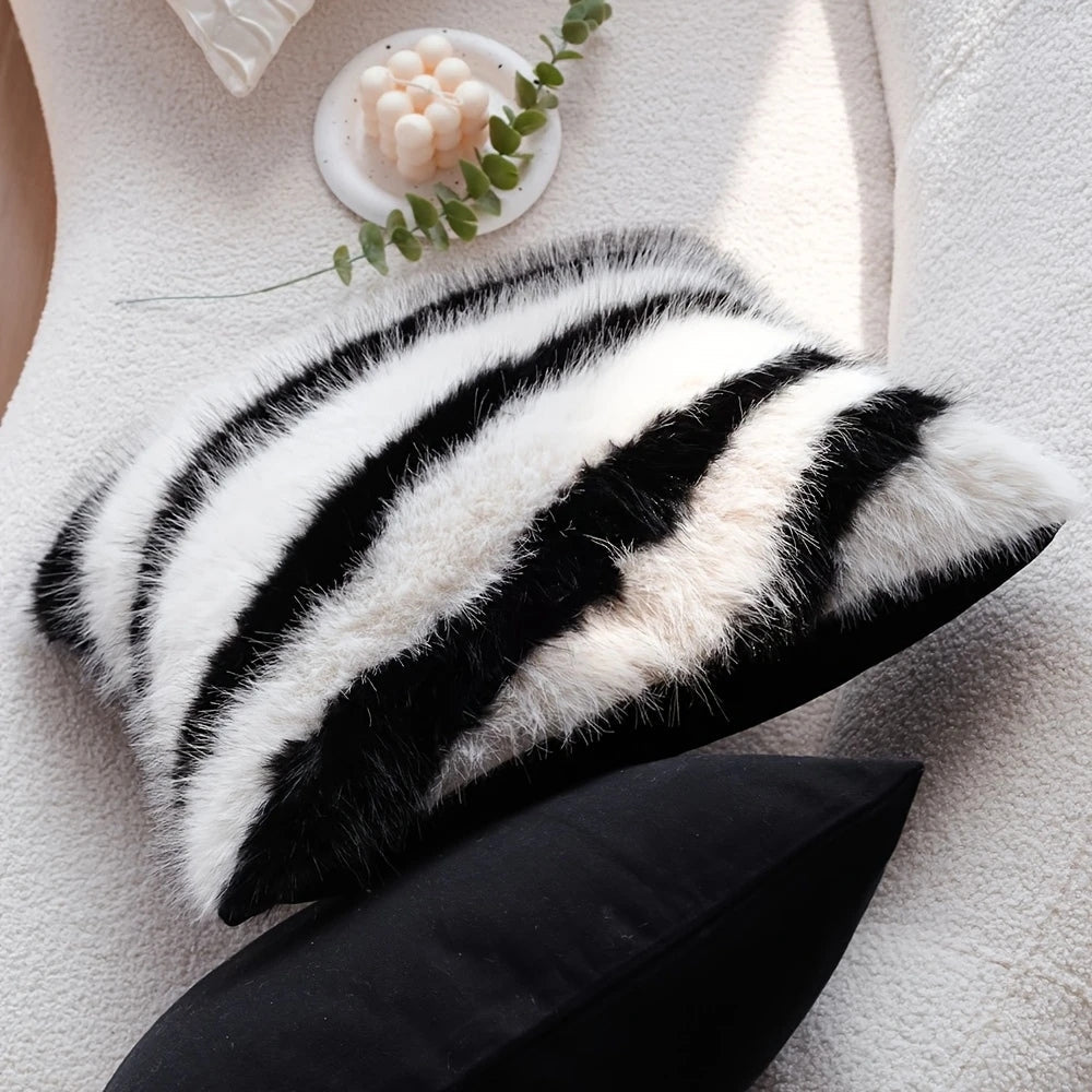 Striped Faux Fur Cushion Cover Soft Microfiber Blend 18x18 Inch Sofa Pillow Case