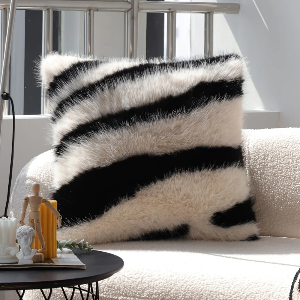 Striped Faux Fur Cushion Cover 18x18 Soft Microfiber Blend Hidden Zipper for Sofa Couch