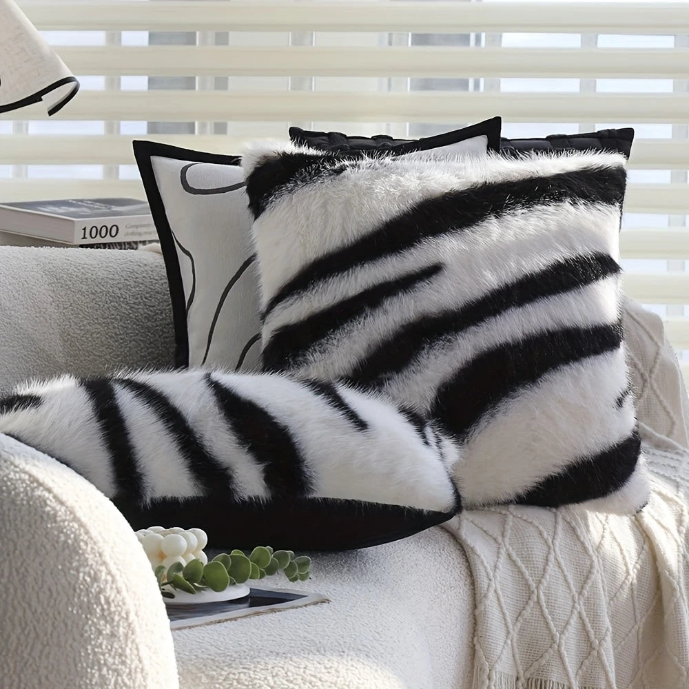 Striped Faux Fur Cushion Cover 18x18 Soft Microfiber Blend Hidden Zipper for Sofa Couch