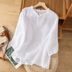 Harrow Suzanne floral linen blouse for women, lightweight summer apparel with a relaxed fit and vibrant floral pattern.