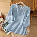 Harrow Suzanne floral linen blouse for women featuring lightweight, summer-ready fabric and a relaxed fit.