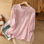 Harrow Suzanne floral linen blouse for women, lightweight summer apparel, featuring a relaxed fit and floral print.