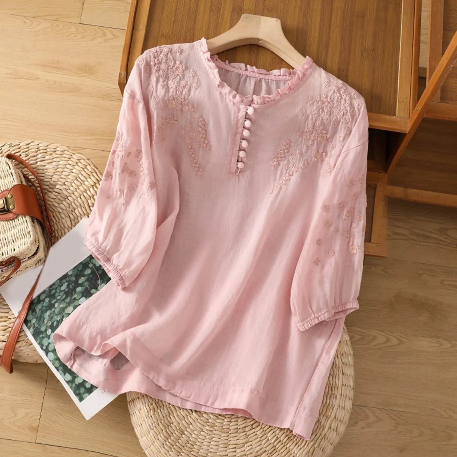 Harrow Suzanne floral linen blouse for women, lightweight summer apparel, featuring a relaxed fit and floral print.