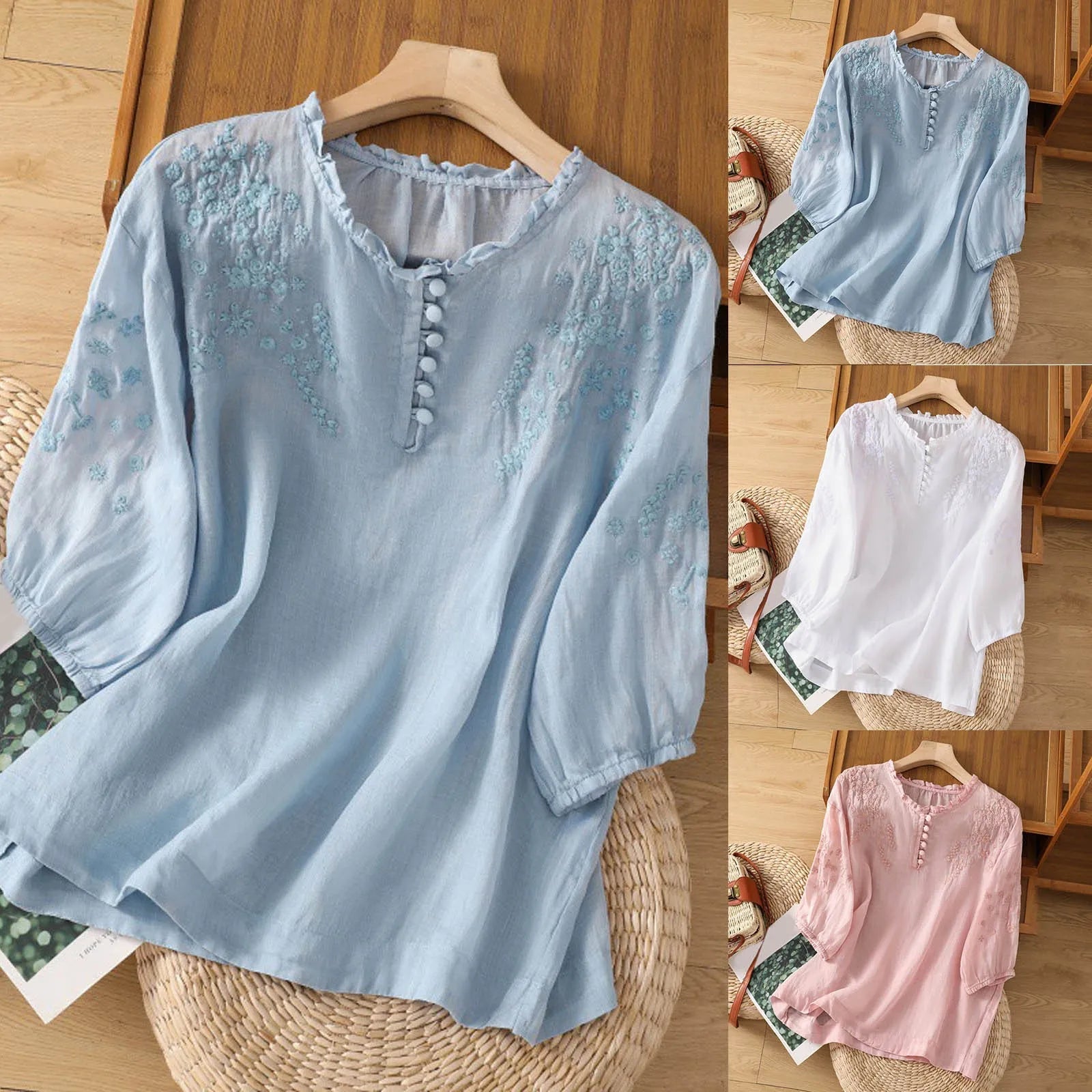 Harrow Suzanne floral linen blouse for women featuring lightweight summer fabric, relaxed fit, and vibrant floral pattern.