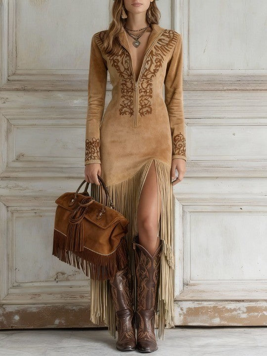 Harrow Sylvia suede fringe boho maxi dress for women featuring flowing fabric and layered fringe detail.