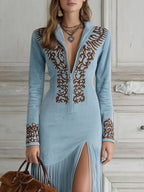 Harrow Sylvia suede fringe boho maxi dress for women, featuring flowing fabric and detailed fringe accents.