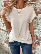 Harrow Sylvia waffle knit casual women's top in neutral color, featuring a relaxed fit and round neckline.