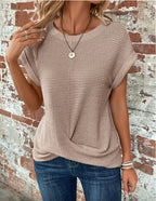 Harrow Sylvia casual waffle knit women's top, beige color, relaxed fit, long sleeves, and round neckline.