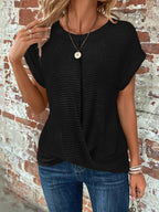 Harrow Sylvia casual waffle knit top for women, soft beige color, relaxed fit, long sleeves, and round neckline.