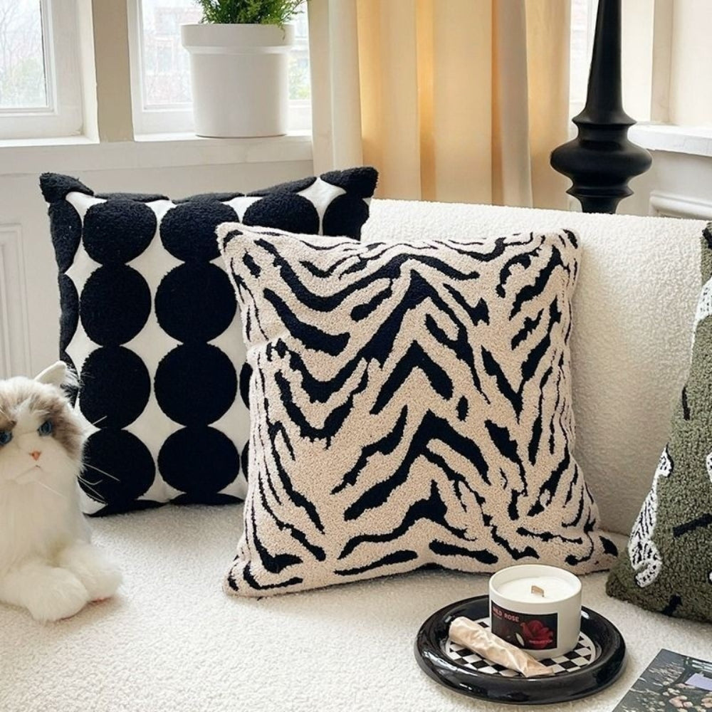 Modern White Tiger Stripe Cushion Cover Soft Microfiber Embroidered Finish Standard Square Size