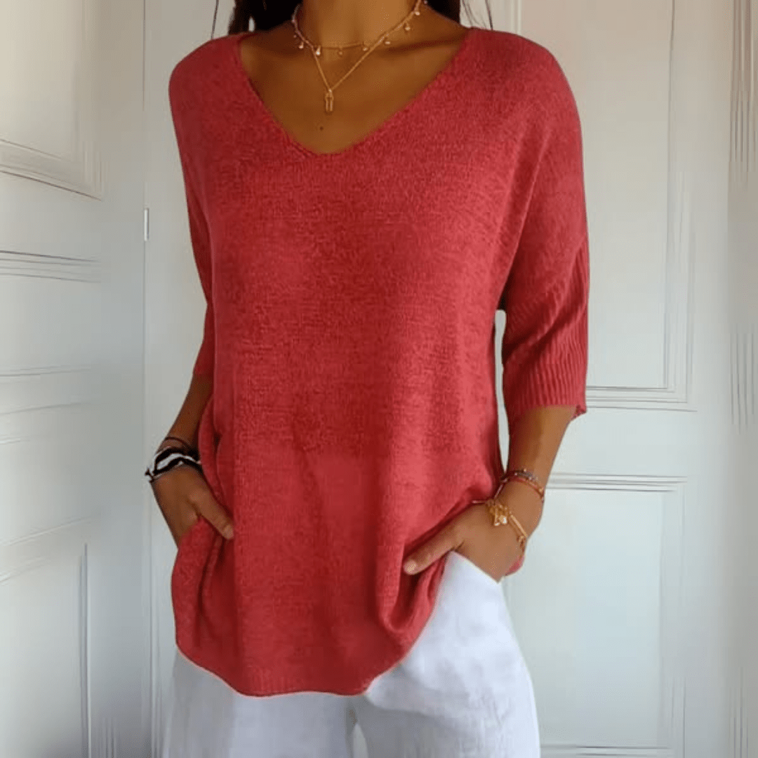 Harrow Toni V-neck casual blouse for women, lightweight summer top with relaxed fit and soft fabric, displayed on a hanger.