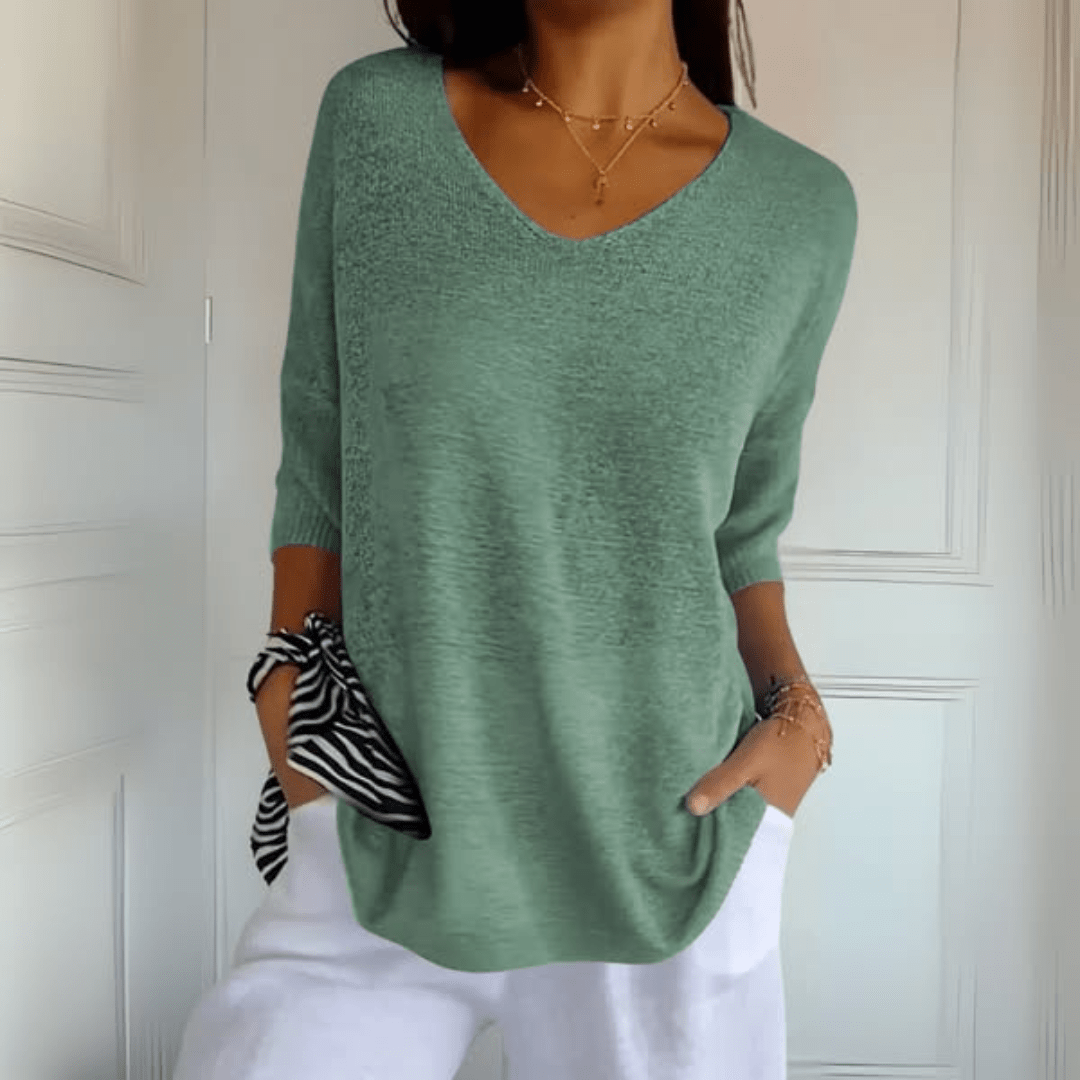 Harrow Toni V-neck casual blouse for women in summer, shown in a relaxed fit with short sleeves and a lightweight fabric.