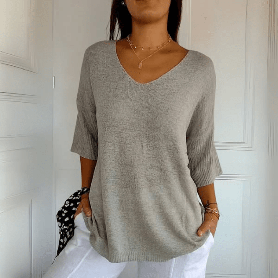 Harrow Toni V-neck casual blouse for women in summer, featuring lightweight fabric and relaxed fit, shown in a neutral color.