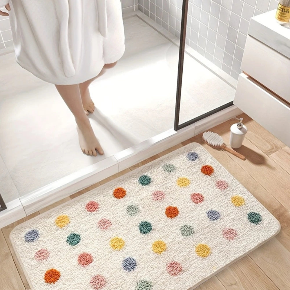 Plush Microfiber Bath Mat Non-Slip Quick-Dry Bathroom Rug Colorful Polka Dot Design