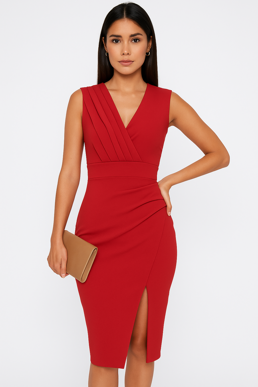 Harrow Zuleka elegant ruched V-neck bodycon midi evening gown for women, formal dress with fitted silhouette and sophisticated style