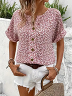 Harrow Verna floral linen blouse for women with vibrant summer floral print and lightweight breathable fabric.