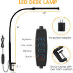 LED Desk Lamp with Flexible Gooseneck, 3 Light Modes, 10 Brightness Levels, Eye-Friendly Clip-On Metal Desk Lamp with USB Adapter, White