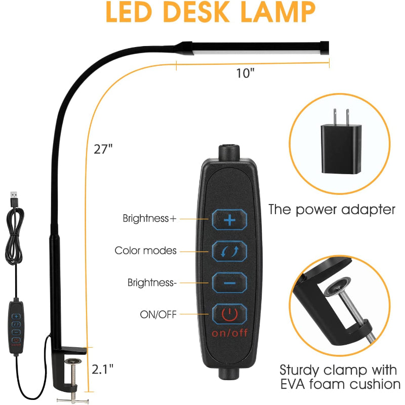 LED Desk Lamp with Flexible Gooseneck, 3 Light Modes, 10 Brightness Levels, Eye-Friendly Clip-On Metal Desk Lamp with USB Adapter, White