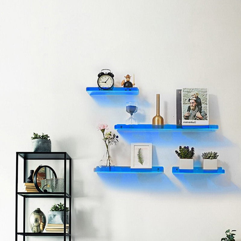 ShelfEase Industrial Floating Wall Shelf Blue MDF Metal Supports Easy Install