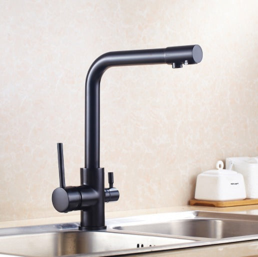 PureFlow Double Handle Kitchen Faucet Stainless Steel with Integrated Water Filter