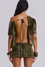 Women wearing the Adriana off-shoulder mini dress by Harrow, backless and romantic for cocktail parties.