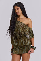 Women wearing the Adriana Harrow romantic off-shoulder mini dress with a backless design, perfect for cocktail parties.