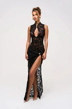 Harrow Ainsley elegant lace maxi dress for women with floral pattern and high slit, suitable for cocktail parties.