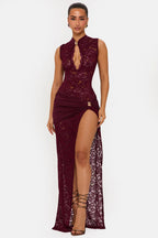 Women wearing Harrow Ainsley lace maxi dress with floral design and high slit, perfect for cocktail parties.