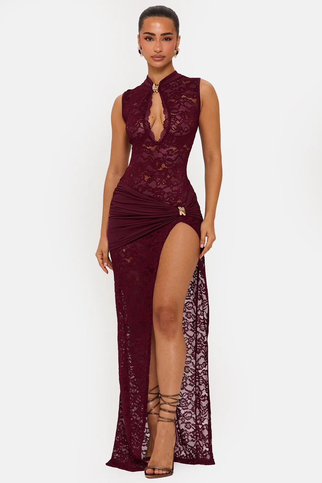 Women wearing Harrow Ainsley lace maxi dress with floral design and high slit, perfect for cocktail parties.