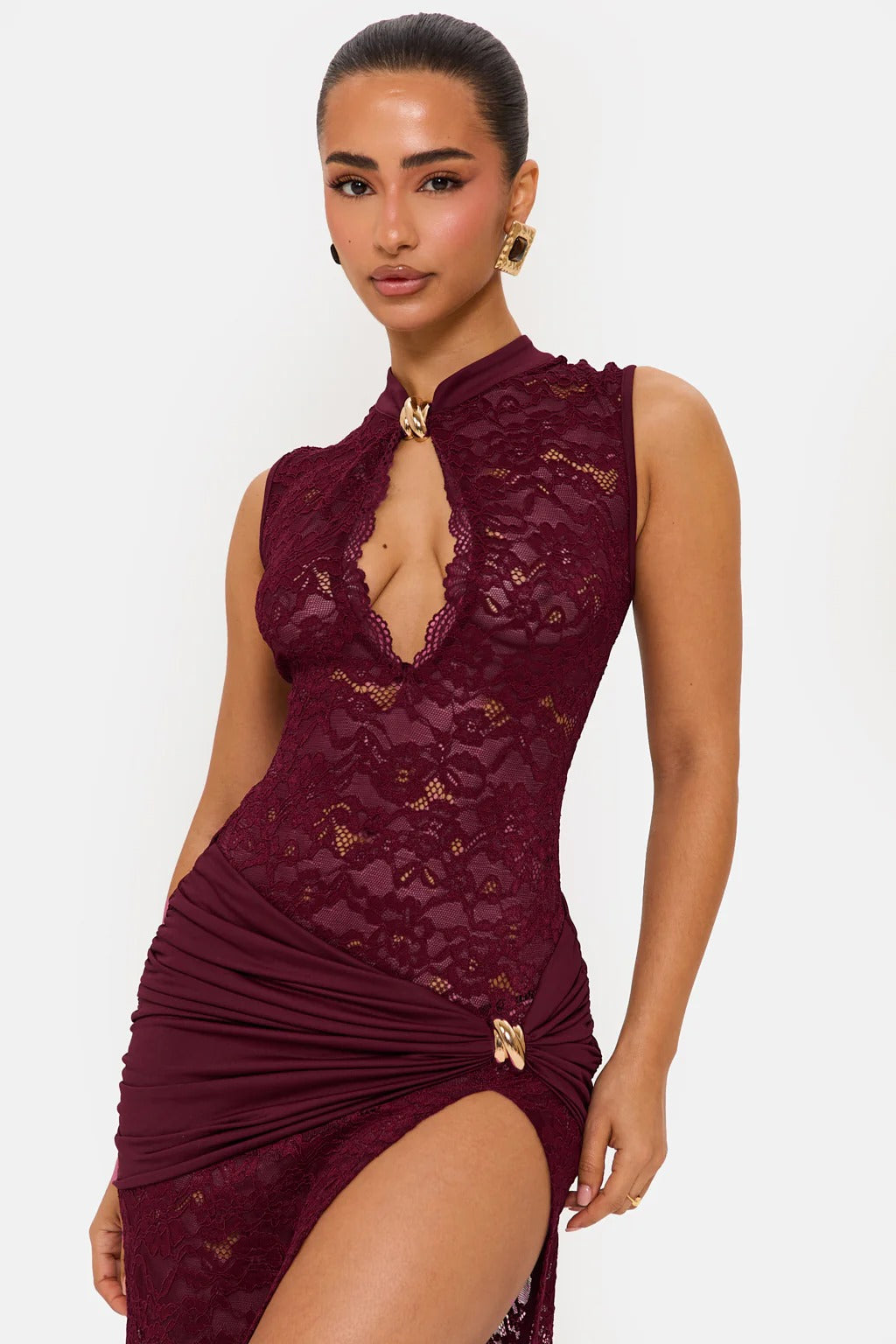 Women wearing Harrow Ainsley lace maxi dress with floral pattern and high slit, ideal for cocktail parties.