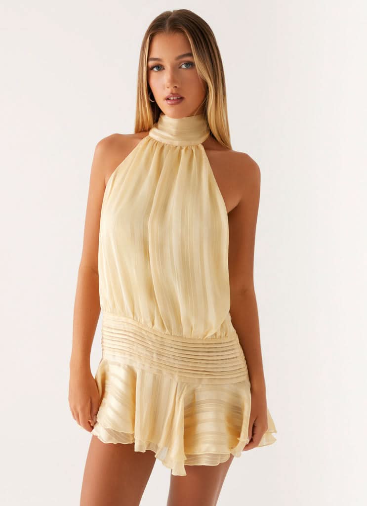 Harrow Aldora elegant pleated mini dress for women, halter neckline, perfect for cocktail parties, stylish and sophisticated.